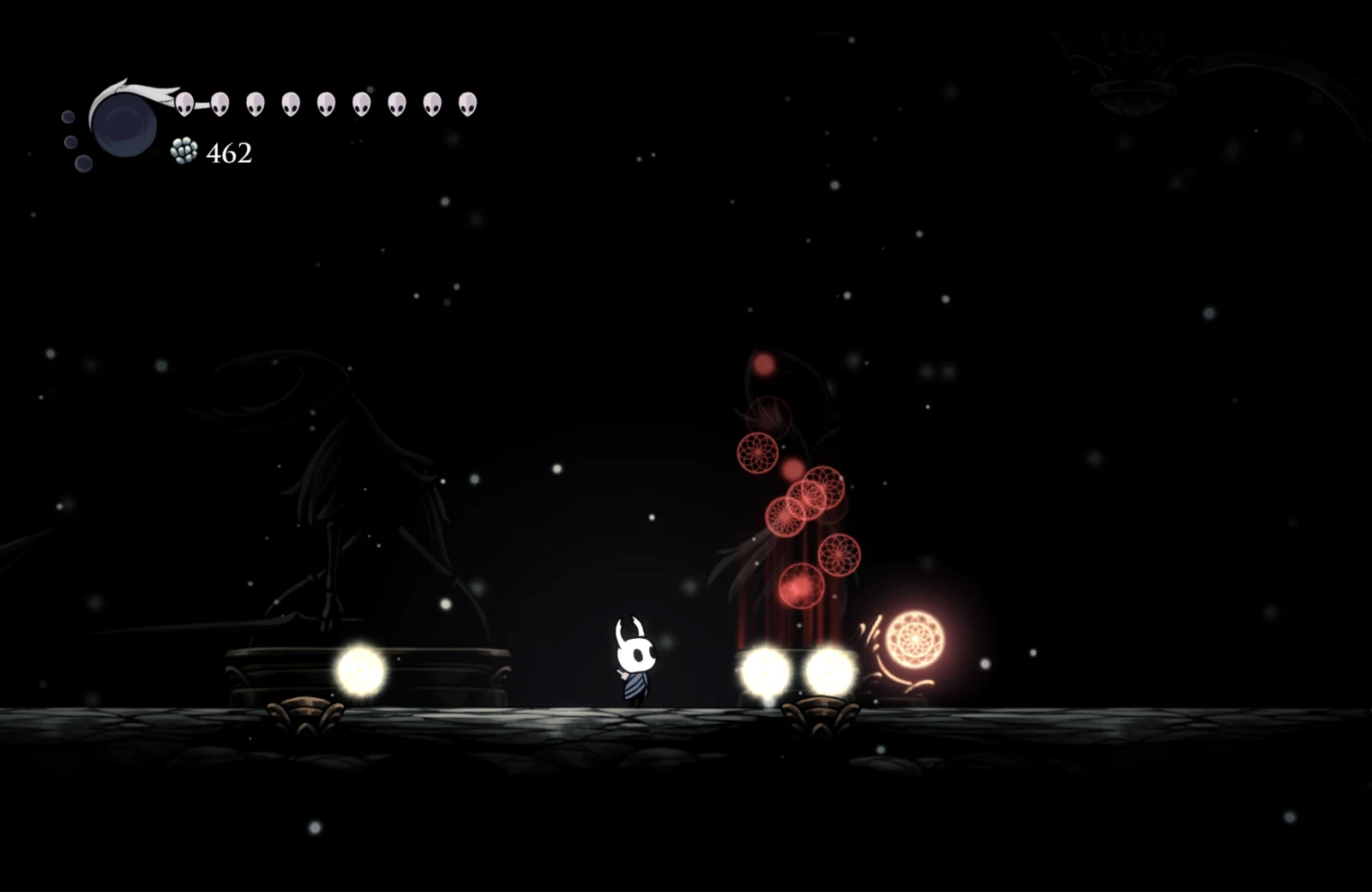 Hollow Knight: Pure Vessel and Nightmare King Grimm statues in Godhome after Radiant victories